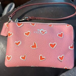 Coach Corner Zip Leather Crossgrain Pink with Red Hearts Small Wristlet Wallet